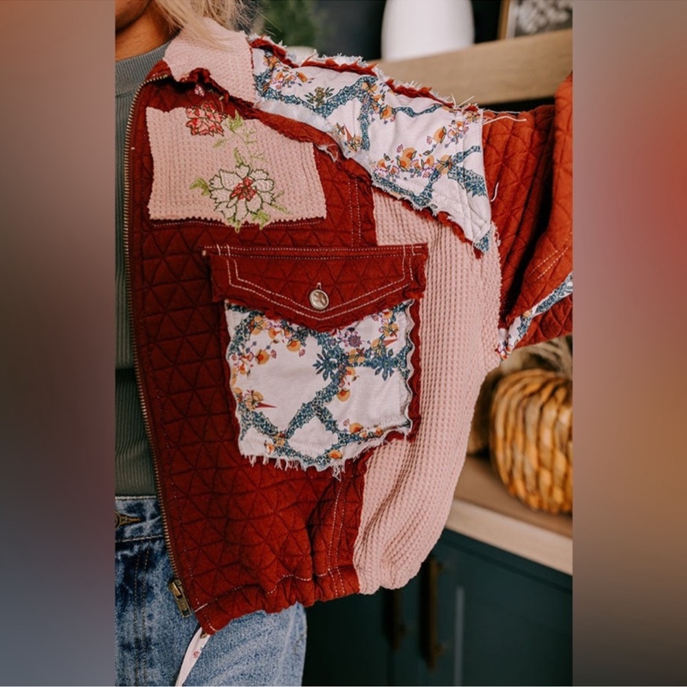 POL Quilted Patchwork Jacket Burgundy Floral Boho Cottagecore Zip Jacket - Picture 5 of 9